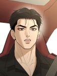  1boy asian black_eyes black_hair black_shirt car_interior collared_shirt jinx_(manhwa) joo_jaekyung male_focus mingwa parted_lips seatbelt shirt short_hair simple_background solo upper_body 