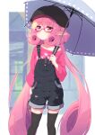  1girl absurdres bag bespectacled black_legwear closed_mouth commentary contemporary eyebrows_visible_through_hair glasses handbag highres holding holding_umbrella light_frown long_hair long_sleeves looking_to_the_side low_twintails neneka_(princess_connect!) off_shoulder overall_shorts pink_hair pink_shirt pointy_ears princess_connect! princess_connect!_re:dive print_shirt red-framed_eyewear semi-rimless_eyewear shirt solo standing sw_(taco) thighhighs twintails umbrella under-rim_eyewear very_long_hair 