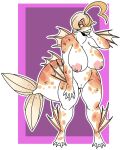  anthro areola big_breasts blonde_hair breasts cyprinid cypriniform demonnyuu female fin fish genitals gills goldfish hair half-closed_eyes head_tuft huge_breasts lips marine narrowed_eyes nipples non-mammal_breasts nude pussy slightly_chubby solo standing tail_fin thick_lips thick_tail tuft 
