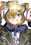  1boy 333takoyaki absurdres animal_ears_helmet animal_helmet black_jacket blonde_hair cat_helmet drawstring green_eyes grin hair_between_eyes hair_ornament hairclip helmet highres hood hood_down hoodie jacket looking_at_viewer male_focus nijisanji official_alternate_costume short_hair smile solo upper_body uzuki_kou uzuki_kou_(5th_costume) virtual_youtuber 