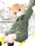 1girl bangs black_footwear black_gloves blonde_hair blue_eyes bob_cut boots closed_mouth english_text eyebrows_visible_through_hair floating floral_background girls_und_panzer gloves green_jumpsuit happy_birthday highres insignia jumpsuit katyusha_(girls_und_panzer) long_sleeves looking_at_viewer military military_uniform outstretched_arms pravda_military_uniform short_hair short_jumpsuit smile solo spread_arms streamers uniform vri_(tinder_box) 
