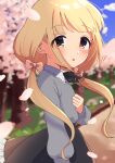  1girl absurdres blonde_hair cherry_blossoms dashiikachan futaba_anzu highres idolmaster idolmaster_cinderella_girls lace_collar low_twintails outdoors solo twintails upper_body yellow_eyes 