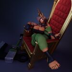 2025 3d_(artwork) 5_toes anthro axe breasts brown_body brown_fur brown_hair canid canine canis chair cleavage clothed clothing crown digital_media_(artwork) dobermann dog_knight_rpg domestic_dog feet female fingerless_gloves footwear fur furniture gloves hair handwear headgear humanoid_feet mammal on_chair one_eye_closed pinscher plantigrade rory_(ceehaz) sitting sitting_on_chair socks solo stirrup_footwear stirrup_socks throne toes vllrukkin