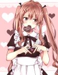  1girl apron black_bow black_dress black_ribbon blush bow breasts brown_eyes brown_hair candy chocolate chocolate_heart chun_(ya_i_memories) commentary_request dress earrings food food_in_mouth frilled_apron frills hair_ornament hair_ribbon hairclip happy_valentine head_tilt heart heart_background heart_hands highres jewelry long_hair looking_away looking_to_the_side mouth_hold original pink_background puffy_short_sleeves puffy_sleeves ribbon short_sleeves small_breasts solo stud_earrings twintails very_long_hair white_apron 