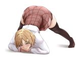  1girl arched_back arm_rest ass blonde_hair blue_eyes blush bob_cut breasts brown_skirt full_body hair_ornament hands_on_ground hololive hololive_english jack-o&#039;_challenge long_sleeves medium_hair naozuri plaid_clothes plaid_skirt shadow shirt short_hair skirt smile solo spread_legs thighhighs thighs top-down_bottom-up virtual_youtuber watson_amelia watson_amelia_(1st_costume) white_background white_shirt wide_spread_legs 