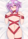  1girl blush breasts d-pad d-pad_hair_ornament dura hair_between_eyes hair_ornament highres looking_at_viewer naked_ribbon navel neptune_(neptune_series) neptune_(series) purple_eyes purple_hair ribbon short_hair small_breasts solo thighs valentine 