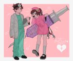  1boy 1girl animification bill_cipher braces brother_and_sister brown_hair dipper_pines doctor gravity_falls hat large_syringe long_hair mabel_pines nurse nurse_cap open_mouth oversized_object short_hair siblings smile syringe twins woo-saguchi-2013 