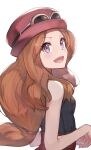  1girl bare_arms black_shirt brown_hair commentary eyelashes eyewear_on_headwear hair_tie hat highres long_hair looking_back odd_(hin_yari) open_mouth pink_headwear pokemon pokemon_(game) pokemon_xy purple_eyes red_skirt serena_(pokemon) shirt skirt sleeveless sleeveless_shirt smile solo sunglasses teeth tied_hair tongue white_background 