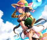  2girls absurdres armor asuta_(kinakomoti300) bikini bikini_top_only black_bikini black_gloves blue_eyes blue_sky blush breasts brown_hat cat_girl cleavage cloud clover commentary_request cowboy_shot dutch_angle elbow_gloves fingerless_gloves food four-leaf_clover fruit furry furry_female gloves hat highres jumpsuit jumpsuit_around_waist looking_at_viewer mask masked mechanic_(ragnarok_online) medium_breasts multiple_girls navel outdoors purple_hair ragnarok_online short_hair sky solo_focus summoner_(ragnarok_online) sun_hat swimsuit vambraces water watermelon white_jumpsuit yellow_armor 
