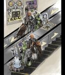  2girls 4boys animal_head armor bird_boy blue_eyes bow_(weapon) braid breastplate brown_gloves covered_mouth dual_wielding elden_ring elden_ring_nightreign escalator feathered_wings flower_wreath full_body gloves green_hood green_tunic guardian_(elden_ring) halberd head_wreath highres holding holding_bow_(weapon) holding_polearm holding_shield holding_weapon hood hood_up huge_weapon ironeye_(elden_ring) libra_(elden_ring) long_hair long_sleeves low_twin_braids multiple_boys multiple_girls nagekichi pauldrons polearm poster_(object) revenant_(elden_ring) robe shield shield_on_back shoulder_armor standing tunic twin_braids veil weapon white_hair white_robe wings 