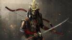  1boy absurdres armor asaki_(asaki_vision) ashina_genichirou bow_(weapon) closed_mouth commentary_request embers helmet highres holding holding_sword holding_weapon japanese_armor jinbaori kabuto_(helmet) katana kote male_focus outdoors samurai sekiro:_shadows_die_twice solo standing sword weapon 