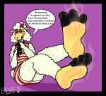 3_toes accessory anthro black_toes blarf022 blue_collar blush bodily_fluids bovid caprine clothing collar collar_tag dress feet female flower flower_in_hair foot_fetish foot_focus fur hair hair_accessory hi_res mammal musk musk_clouds plant sha_(twf) sheep smelly smelly_feet solo solo_focus stink_fumes sweat sweaty_feet tanned_skin the_walten_files toes wool_(fur)