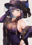  1girl aqua_eyes aqua_hair azur_lane bare_shoulders breasts cheshire_(azur_lane) cheshire_(cait_sith_crooner)_(azur_lane) china_dress chinese_clothes cleavage_cutout clothing_cutout covered_navel dress elbow_gloves feather_boa flower gloves hand_in_hair hat hat_flower highres long_hair medium_breasts medium_hair nicccolee official_alternate_costume panties purple_dress purple_eyes purple_flower purple_gloves purple_headwear see-through signature simple_background string_panties underwear white_background 