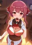  1girl bangs breasts brown_eyes candy chocolate chocolate_heart covered_navel eyebrows_visible_through_hair food gloves hana_mori heart heterochromia highres hololive houshou_marine indoors large_breasts looking_at_viewer mouth_hold red_eyes red_hair short_hair solo twintails valentine virtual_youtuber white_gloves 