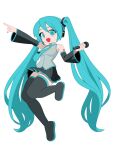  1girl bare_shoulders black_skirt black_sleeves black_thighhighs blue_eyes blue_hair blue_nails detached_sleeves full_body grey_shirt hatsune_miku highres holding holding_microphone long_hair long_sleeves microphone monster_l_(hochihochiha) pointing shirt simple_background skirt solo thighhighs twintails underwear very_long_hair vocaloid white_background wide_sleeves 