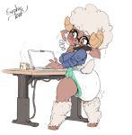  anthro bovid caprine computer diaper english_text eyewear feces female glasses hair hi_res horn laptop mammal messy_diaper pooping sheep simple_background soiled_diaper soiling soiling_diaper solo sophiepoof speech_bubble standing text white_hair yellow_eyes 