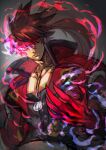  1boy aura brown_hair claws collarbone dragon_install glowing glowing_eye guilty_gear guilty_gear_strive hair_between_eyes highres jacket looking_at_viewer male_focus pectorals ponytail red_eyes red_jacket shaded_face simple_background sol_badguy yohane_shimizu 