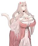  absurd_res anthro big_breasts bodily_fluids breasts carsen cleavage clothed clothing domestic_cat dress felid feline felis female hi_res holding_breast huge_breasts mammal mature_female sweat 