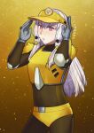  1girl armor commission fire_emblem fire_emblem:_three_houses long_hair looking_at_viewer lysithea_von_ordelia pink_eyes shg_(hiomaika) solo visor_cap white_hair yellow_armor 