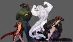  anthro butt crocodilian crossed_arms fangs featureless_crotch flexing green_body group hi_res looking_at_viewer male mleme muscular muscular_male nude pose reptile scales scalie sharp_teeth size_difference smile teeth thick_tail white_body white_scales 