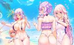  4girls absurdres ahoge anger_vein artist_name ass back bare_shoulders beach bikini blonde_hair blue_eyes blue_nails blue_sky blunt_bangs blush braid breasts cevio cleavage collarbone colored_tips commentary_request covered_navel eyelashes from_behind grey_hair hair_between_eyes hair_flaps halterneck highres hippi huge_breasts ia_(vocaloid) long_hair medium_breasts medium_hair motion_lines multicolored_hair multiple_girls nail_polish navel one-piece_swimsuit one_(cevio) orange_hair outdoors palm_tree pink_hair pointing pout purple_eyes purple_hair red_eyes red_hair red_nails revealing_clothes shiny_skin short_hair sky smile songjiangcc sparkle standing summer swimsuit thighs tree very_long_hair vocaloid voiceroid water_gun wet wet_clothes wet_hair white_eyeshadow white_hair yuzuki_yukari 