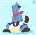 3_fingers 3_toes anthro aqua_(innocentenough) artist_logo band-aid band-aid_on_face band-aid_on_nose bandage bandage_on_face bandage_on_nose blue_background blue_body blue_fur blush blush_lines bodily_fluids brown_ears brown_tail bubblepuppers clothed clothing cute_fangs dewott diaper diaper_squish drooling ears_down fangs feet fingers fur generation_5_pokemon genital_fluids gloves_(marking) hand_on_diaper heart_eyes heart_symbol hi_res intelligence_loss kerchief leg_markings logo markings neckerchief neckwear nintendo open_mouth open_smile orange_nose pivoted_ears pokemon pokemon_(species) red_kerchief red_neckerchief saliva simple_background sitting smile socks_(marking) solo tail teeth toes touching_diaper unclean_diaper urine used_diaper wearing_diaper wet_diaper whiskers white_diaper white_whiskers