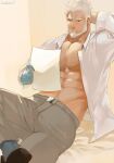  1boy abs aegir_(tokyo_houkago_summoners) alternate_costume aqua_hair arm_behind_back bara bare_pecs beard blue_eyes dark_skin dark_skinned_male facial_hair feet_out_of_frame grey_pants hinokumo_f holding holding_paper large_pectorals leaning_back male_cleavage male_focus mature_male multicolored_hair muscular muscular_male open_clothes open_shirt pants paper shirt short_hair solo stomach streaked_hair tokyo_houkago_summoners white_hair white_shirt 