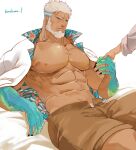  1boy 1other abs aegir_(tokyo_houkago_summoners) ambiguous_gender anchor_earrings aqua_hair bara bare_pecs beard blue_eyes brown_shorts bulge dark_skin dark_skinned_male earrings facial_hair feet_out_of_frame fingernails fins hinokumo_f jewelry large_pectorals male_focus mature_male multicolored_hair muscular muscular_male navel nipples open_clothes open_shirt open_shorts sharp_fingernails short_hair shorts single_earring sitting solo_focus stomach streaked_hair thick_thighs thighs tokyo_houkago_summoners white_hair white_male_underwear 