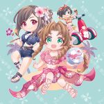  3girls aerith_gainsborough aerith_gainsborough_(floral_delight) aqua_background ball belt belt_buckle bow braid braided_ponytail breasts brown_belt brown_eyes brown_hair buckle chibi chibi_only cleavage closed_mouth crop_top eiria0228 final_fantasy final_fantasy_vii final_fantasy_vii_rebirth final_fantasy_vii_remake floral_print flower flower_in_drink flower_necklace frilled_sleeves frills full_body green_eyes grey_shirt grey_shorts hair_flower hair_ornament hairband hand_on_own_hip hibiscus holding holding_ball holding_ice_cream_cone holding_plate ice_cream_cone lei long_hair medium_breasts midriff multiple_girls navel official_alternate_costume official_alternate_hairstyle on_scooter open_mouth orange_hairband orange_shirt palm_tree parted_bangs pink_flower pink_sarong pink_shirt plate print_shirt red_eyes red_xiii sandals sarong shirt shirt_bow short_hair short_sleeves shorts sidelocks single_braid smile soccer_ball striped_clothes striped_shirt tied_shirt tifa_lockhart tifa_lockhart_(majestic_glamour) tongue tongue_out tree tropical_drink updo watermark white_sandals white_shirt yuffie_kisaragi yuffie_kisaragi_(summer_orange) 