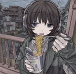  1girl absurdres black_eyes brown_hair building car city cloud cloudy_sky cup_ramen day empty_eyes food fork green_shirt gudon_udon hair_between_eyes headphones highres holding holding_fork jacket long_sleeves looking_at_viewer motor_vehicle noodles open_clothes open_jacket open_mouth original outdoors railing shirt sky sleeves_past_wrists solo upper_body 