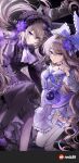  2girls absurdres bonnet bow bowtie dress dual_persona flower frilled_dress frilled_sleeves frills hair_ornament herta_(honkai:_star_rail) herta_(puppet)_(honkai:_star_rail) herta_(puppet)_(tea_break)_(honkai:_star_rail) herta_(simulated_universe_avatar)_(honkai:_star_rail) highres honkai:_star_rail honkai_(series) long_hair md5_mismatch multiple_girls nyari plate puffy_sleeves purple_bow purple_bowtie purple_eyes purple_flower purple_nails purple_shoes resolution_mismatch shoes source_smaller the_herta_(honkai:_star_rail) the_herta_(tea_break)_(honkai:_star_rail) thighhighs x_hair_ornament 