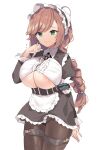  1girl areola_slip areolae bangs benevolent_leanne braid breasts brown_hair cleavage cleavage_cutout clothing_cutout commission constantia_s2 constantia_s2_(cosplay) cosplay dress eyebrows_visible_through_hair green_eyes huge_breasts kamchrome last_origin looking_at_viewer maid maid_headdress simple_background single_braid smile solo underboob white_background 