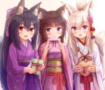  3girls :d animal_ear_fluff animal_ears bag bangs black_hair blue_eyes blush box brown_background brown_eyes brown_hair cat_ears closed_mouth commentary_request eyebrows_visible_through_hair fang floral_print flower folded_ponytail fox_ears fox_girl fox_tail gift gift_bag gift_box gradient gradient_background hair_between_eyes hair_flower hair_ornament hakama hands_up heart-shaped_box highres holding holding_bag holding_gift iroha_(iroha_matsurika) japanese_clothes kimono long_hair long_sleeves looking_at_viewer miko multiple_girls open_mouth original pink_flower pink_kimono print_kimono purple_hakama purple_kimono red_hakama smile tail tail_raised very_long_hair white_background white_hair white_kimono wide_sleeves 