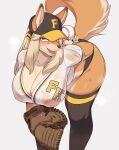  absurd_res anthro ball baseball_(ball) bent_over big_breasts bodily_fluids breasts canid canine catcher&#039;s_mitt cervina7_(artist) cleavage clothed clothing female hi_res mammal raised_tail solo sweat 