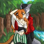  absurd_res acev anthro arturias canid canine canis clothing cuddling duo female fiore_(lordofthetroglodytes) fox hi_res kissing male male/female mammal marble_fox red_fox wolf 