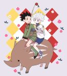  2boys arms_around_back backpack bag black_hair blue_eyes blue_shirt blue_shorts boar boots brown_eyes closed_mouth collared_jacket diamond_(shape) eye_contact fishing_rod flower gon_freecss green_boots green_jacket green_shorts hunter_x_hunter jacket killua_zoldyck layered_sleeves leaf long_sleeves looking_at_another male_focus multiple_boys open_mouth pink_flower shirt shoes short_hair short_over_long_sleeves short_sleeves shorts sitting sitting_on_animal smcms-m smile turtleneck tusks white_shirt widow&#039;s_peak 