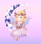  1girl beads blonde_hair blooming_dreams_(infinity_nikki) blue_wings brown_corset chest_jewel chibi circlet closed_mouth corset dress earrings eyelashes fairy fairy_wings fake_pointy_ears floral_print flower forehead gem gradient_background hair_beads hair_flower hair_ornament happy highres infinity_nikki jewelry long_dress nikki_(series) on_crescent print_dress purple_arm_warmers purple_background purple_dress purple_eyes purple_flower purple_gemstone purple_rose purple_shoes rose sarah_ang shoes short_hair_with_long_locks sidelocks simple_background sitting sleeveless sleeveless_dress smile solo stud_earrings wings 