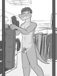  alligator alligatorid anthro balls blush chastity_cage chastity_device clothing crocodilian embarrassed flaccid fuze gabriel_(fuze) genitals greyscale hi_res holding_clothing holding_object male monochrome penis public public_nudity reptile scalie solo store 