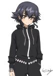  1girl artist_name bangs black_hair black_hoodie black_pants braid brown_eyes bukkuri casual closed_mouth commentary cowboy_shot dated eyebrows_visible_through_hair girls_und_panzer hand_in_pocket highres hood hood_down hoodie long_sleeves looking_at_viewer pants pepperoni_(girls_und_panzer) short_hair side_braid signature simple_background smile solo standing white_background 