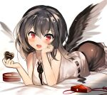  1girl :d bangs black_hair black_neckwear black_ribbon black_skirt black_wings blush box candy chocolate chocolate_heart collared_shirt commentary_request eyebrows_visible_through_hair feathered_wings food frilled_skirt frills fuupu hat headwear_removed heart heart-shaped_box highres holding holding_chocolate holding_food long_hair looking_at_viewer lying neck_ribbon on_stomach open_mouth red_eyes red_headwear ribbon shameimaru_aya shirt simple_background skirt sleeveless sleeveless_shirt smile solo tokin_hat touhou twitter_username valentine white_background white_shirt wings 