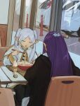  2girls alternate_universe car contemporary dress eating elf fern_(sousou_no_frieren) food frieren from_behind higemu highres ice_cream long_hair long_sleeves motor_vehicle multiple_girls noodles pointy_ears purple_hair ramen restaurant sitting sousou_no_frieren twintails 