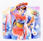  1girl bag bagged_fish bengus brown_eyes brown_hair fish game_cg hand_fan headband highres japanese_clothes kasugano_sakura kimono looking_at_viewer mask non-web_source obi official_art paper_fan sash street_fighter street_fighter_zero_(series) uchiwa white_headband 