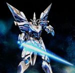  cropped_legs edge_dragoon energy_sword floating glowing glowing_eyes highres holding holding_sword holding_weapon looking_at_viewer mecha no_humans open_hand science_fiction solo space sword vandread vandread_dita weapon 