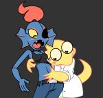  alphys animal_humanoid anthro clothed clothing clothing_lift duo female female/female fish fish_humanoid hand_on_stomach humanoid lizard marine marine_humanoid midriff navel nezzux reptile scalie shirt shirt_lift surprised_expression topwear touching_belly undertale undyne video_games 