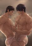  2boys abs adventurer_(ff14) ardbert_(ff14) bangs bara black_hair breath brown_hair bulge bulges_touching chachi_(soulga) couple erection erection_under_clothes facial_hair final_fantasy final_fantasy_xiv frottage grabbing happy_sex large_pectorals male_focus mature_male multiple_boys muscular muscular_male navel_hair nipple_pull nipples pectoral_grab pulling short_hair smile stomach stubble thick_thighs thighs underwear underwear_only wet_male_underwear white_male_underwear yaoi 