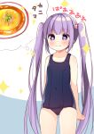  +_+ 1girl bangs bare_arms bare_shoulders blue_swimsuit blush closed_mouth collarbone copyright_request covered_navel eyebrows_visible_through_hair food grey_background hanamiya_natsuka long_hair old_school_swimsuit one-piece_swimsuit purple_eyes purple_hair school_swimsuit smile solo sparkle spoken_food swimsuit thought_bubble translated twintails two-tone_background very_long_hair white_background 