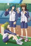  ... 3boys ball blue_shorts book brown_hair echizen_ryooma fujiwara_yuusuke green_hair happy highres holding holding_ball holding_book looking_at_another male_focus manga_(object) marufuji_ryo moisukii multiple_boys open_mouth racket shorts sitting sparkle spoken_ellipsis sportswear tenjouin_fubuki tennis_no_ouji-sama tennis_racket tennis_uniform yu-gi-oh! 