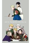  6+boys ahoge america_(hetalia) arm_behind_back armband axis_powers_hetalia belt black-framed_eyewear black_gloves black_hair blonde_hair blue_eyes blue_jacket border breast_pocket brown_belt brown_eyes brown_hair brown_jacket buttons calligraphy_brush capelet china_(hetalia) closed_eyes closed_mouth coat collared_jacket collared_shirt commentary_request copyright_name cross cup english_text flag france_(hetalia) fur-trimmed_jacket fur_trim germany_(hetalia) glasses gloves gold_trim green_eyes green_jacket green_necktie grey_background grey_coat grey_hair half-closed_eyes hand_on_own_chin hand_on_own_face hand_up highres holding holding_calligraphy_brush holding_cup holding_flag holding_lead_pipe holding_map holding_paintbrush holding_pen iron_cross itohen_1106 jacket japan_(hetalia) lapels lead_pipe long_hair long_sleeves looking_at_object looking_down low_ponytail male_focus map military_jacket military_uniform multiple_boys necktie northern_italy_(hetalia) open_clothes open_jacket open_mouth paintbrush pen pocket ponytail purple_capelet purple_eyes purple_jacket red_armband russia_(hetalia) scarf semi-rimless_eyewear shirt short_hair sidelocks simple_background sitting smile standing star_(symbol) star_print table teeth united_kingdom_(hetalia) white_border white_flag white_jacket white_scarf white_shirt wide_sleeves writing 
