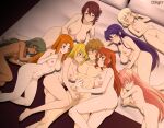  1boy 6+girls absurdres angela_cornwell anya_(seikoku_no_dragonar) arm_hug artist_name ash_blake bar_censor bed blonde_hair blush breasts brown_hair caressing_testicles censored cleft_of_venus closed_eyes commentary commission completely_nude drill_hair eco_(dragonar) erection green_hair highres jessica_valentine large_breasts large_penis long_hair looking_at_another lying multiple_girls navel nipples nude on_bed on_side oslight penis penis_grab pillow pink_hair pointy_ears primrose_shelley purple_hair pussy rebecca_randall red_hair seikoku_no_dragonar short_hair silvia_lautreamont sleeping small_breasts smile testicles thighs 