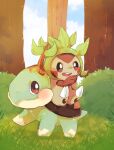  :3 animal_focus banchiku blue_sky blush brown_eyes brown_sclera chespin claws closed_mouth cloud colored_sclera commentary_request day full_body gen_4_pokemon gen_6_pokemon grass green_theme hand_up happy highres looking_at_another looking_back no_humans open_mouth outdoors pawpads pointing pokemon pokemon_(creature) riding sitting sky smile teeth tree turtwig white_eyes 